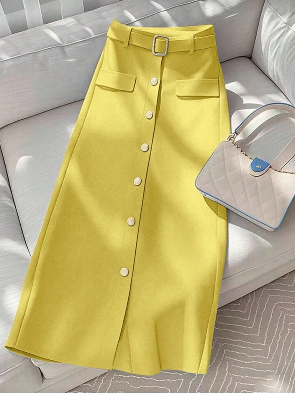 Yellow Button-Front Belted Midi Skirt